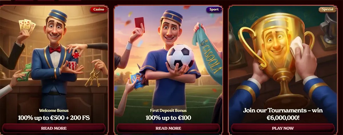 Casino promotion banners showing welcome bonus, sports deposit bonus, and tournament prize promotion