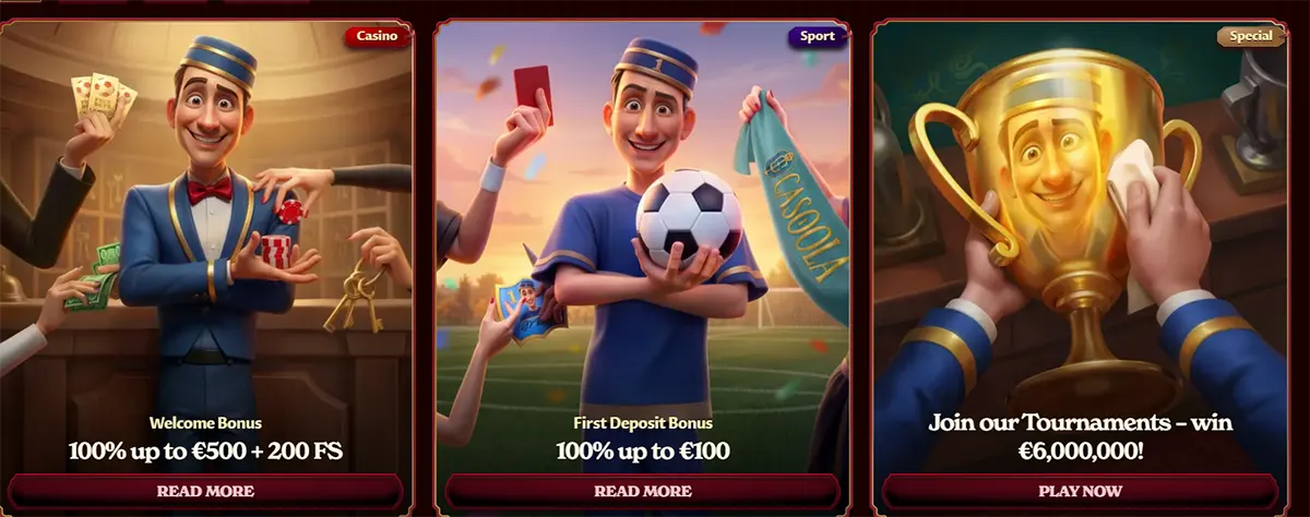 Casino promotion banners showing welcome bonus, sports deposit bonus, and tournament prize promotion