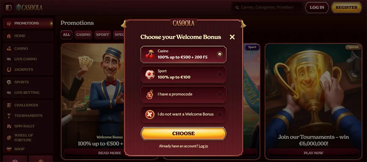 Casino welcome bonus selection popup with casino and sports bonus options