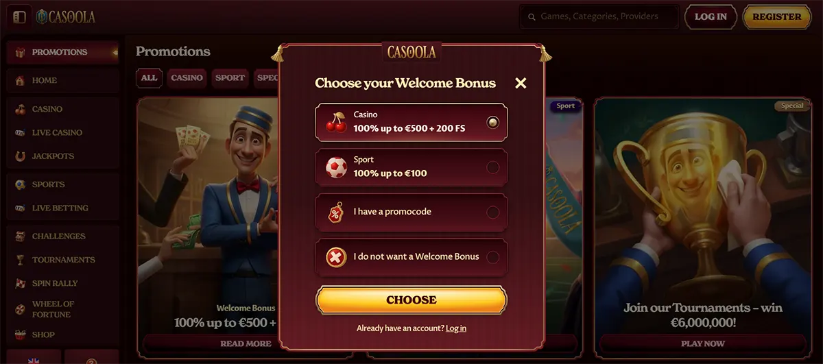 Casino welcome bonus selection popup with casino and sports bonus options